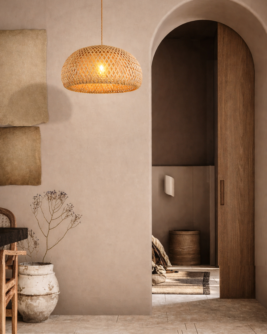 Lámpara Colgante de Bambú y Mimbre Natural Estilo Boho