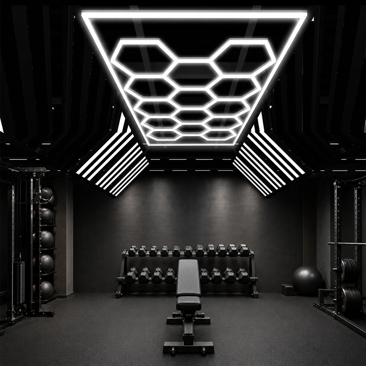 Iluminación LED hexagonal instalada en un gimnasio